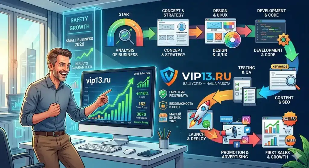 Бизнесмен получает готовый сайт под ключ от команды vip13.ru с графиками роста продаж и гарантией результата