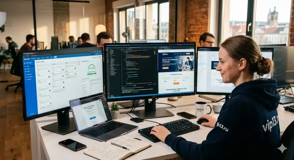Эксперт профессиональной разработки сайтов работает над современным проектом на компьютере с элементами дизайна, кода и мобильной оптимизации.