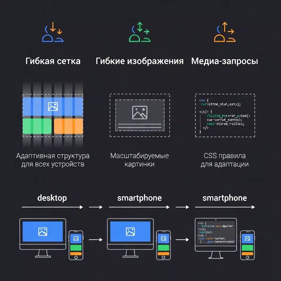 Бизнесмен анализирует отображение адаптивного сайта на смартфоне, планшете и ноутбуке